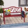 Red Steel Frame Outdoor Patio Garden Bench with Bird Branch Pattern Backrest